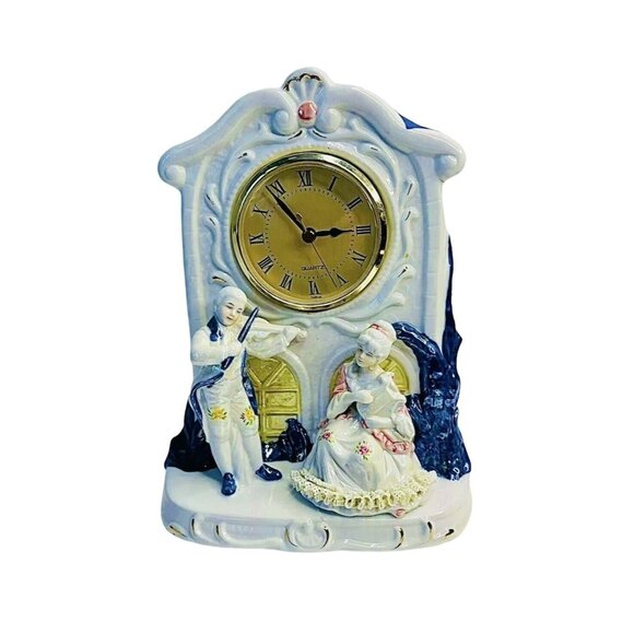 Vintage Colonial Couple Mantle Clock Porcelain Man w/ Violin Woman w/ Harp 10" - Picture 8 of 10